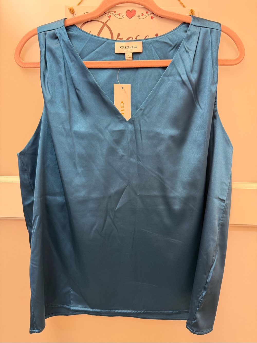 Gilli Women's Satin V-Neck Sleeveless Top — Teal Blue